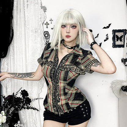 Women's Checkered Cotton Shirt Casual Dark Aesthetic Top