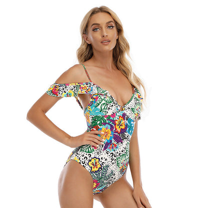 Women'S Sexy Printed Retro Swimsuit With Double Shoulder Triangle One-Piece