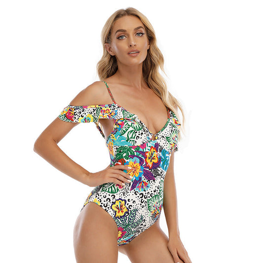 Women'S Sexy Printed Retro Swimsuit With Double Shoulder Triangle One-Piece