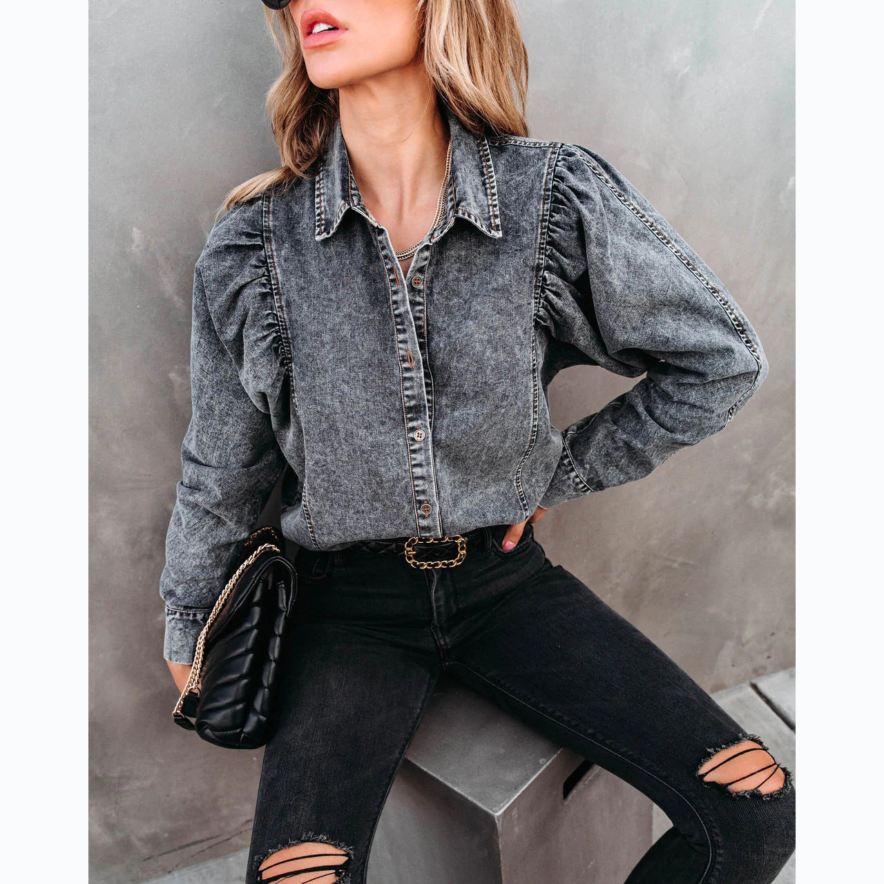 Trendy Casual Denim Shirt with Lapel for Women