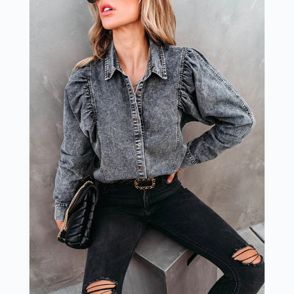 Trendy Casual Denim Shirt with Lapel for Women