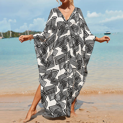 Summer Cotton Printed Beach Blouse Vacation Casual Bikini Sunscreen Beach Skirt