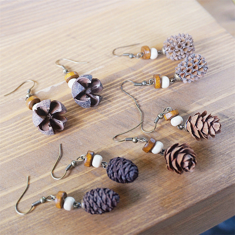 Vintage Botanical Long Wooden Earrings with Unique Design