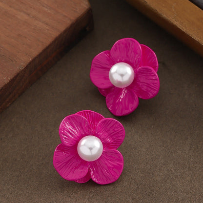 Chic Klein Blue Floral Pearl Earrings With Silver Pins