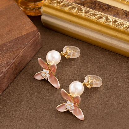 Dopamine Pink Enamel Flower Clip-On Earrings With Pearls