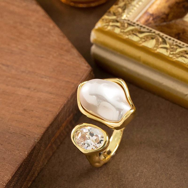 Elegant Design Adjustable Open Ring With Pearl And Zircon