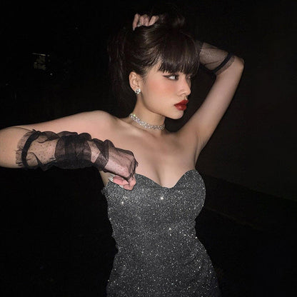 Sexy V-Neck Ruffled Bodycon Dress in Silver