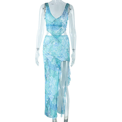 Sexy Backless Printed Tank Top And Midi Skirt Set