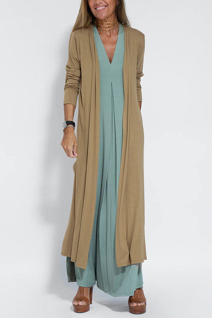 Solid Color V-Neck Maxi Dress and Cardigan Set for Women