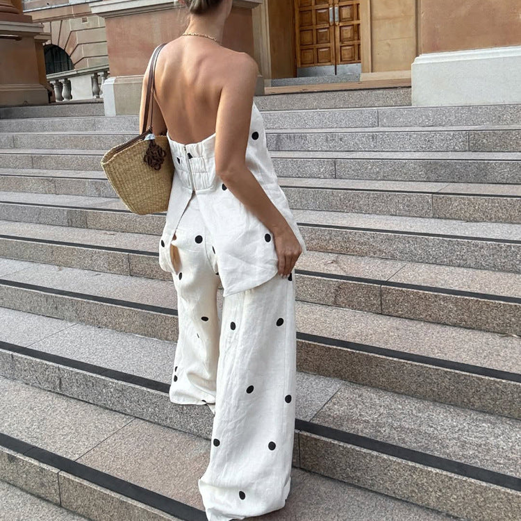 Off-Shoulder Polka Dot Print Cotton Two-Piece Set