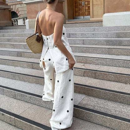Off-Shoulder Polka Dot Print Cotton Two-Piece Set