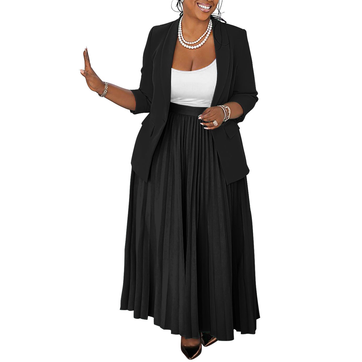 Elegant Women'S Blazer And Pleated Skirt Set