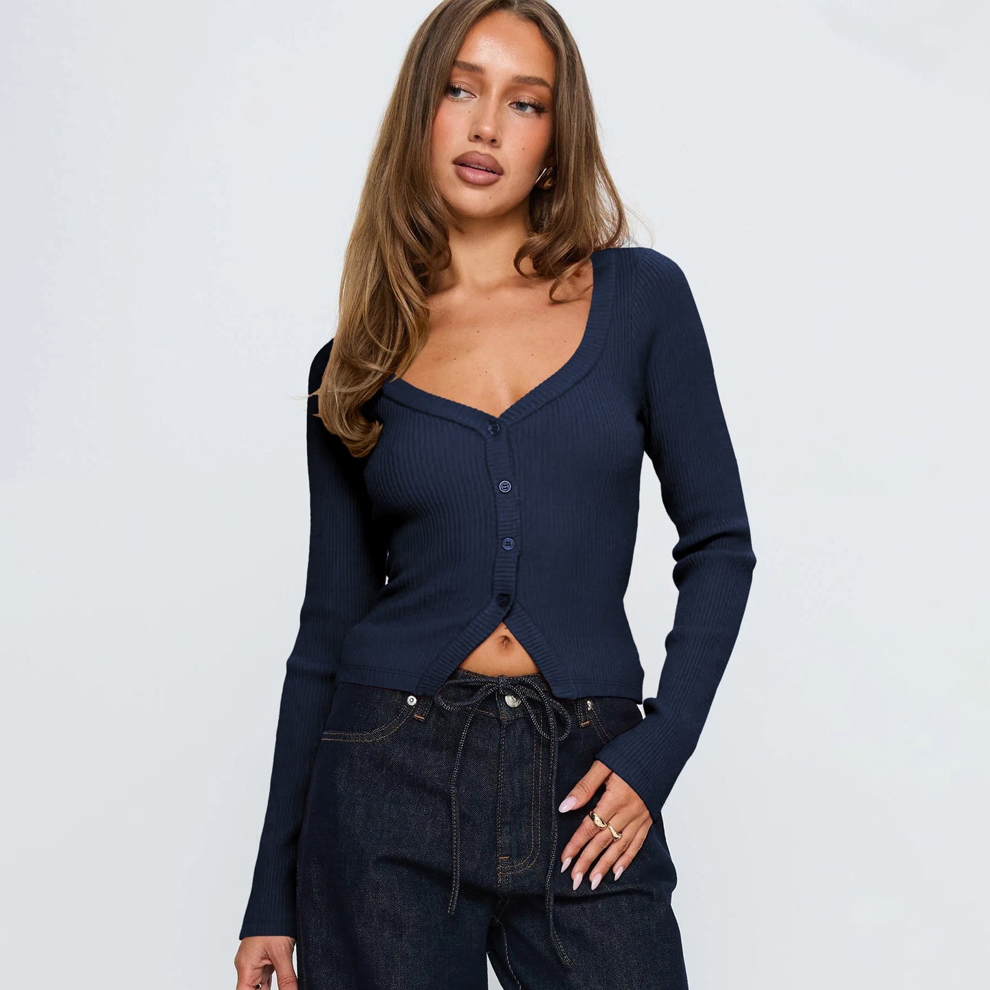 V-Neck Long Sleeve Cardigan Cozy Casual Top