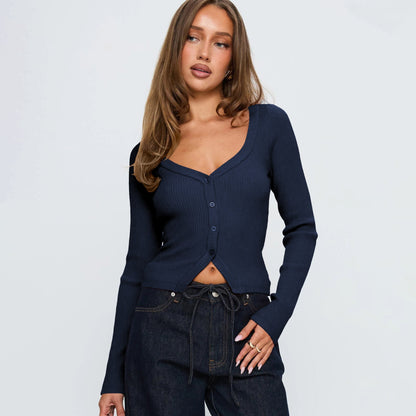V-Neck Long Sleeve Cardigan Cozy Casual Top