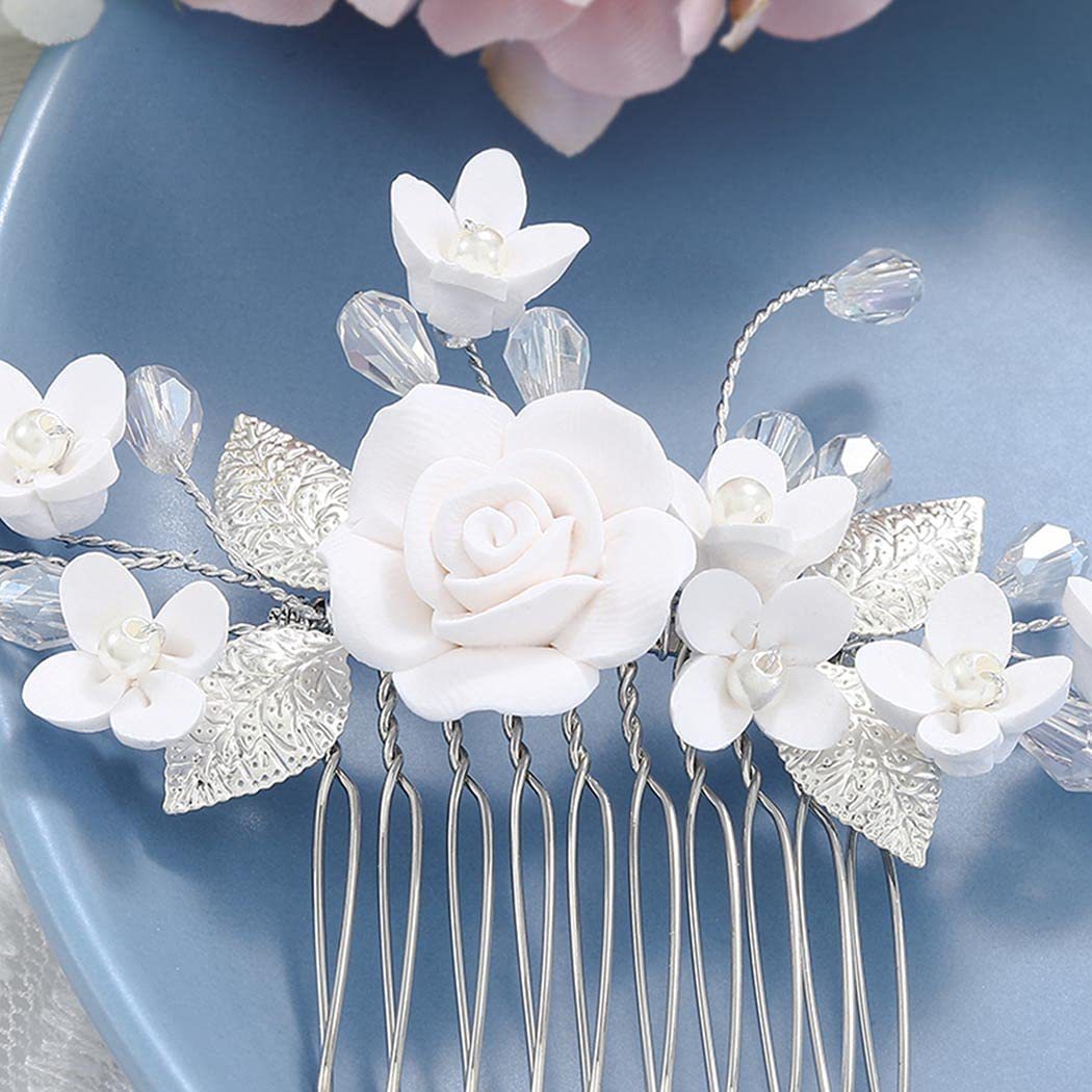 Bridal Hair Accessory White Polymer Clay Flower Side Comb