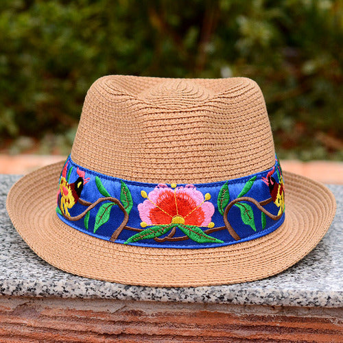 National Style Embroidered Hat Straw Hat Sun-Proof Visor Big Brim Summer Days Ladies National Hat