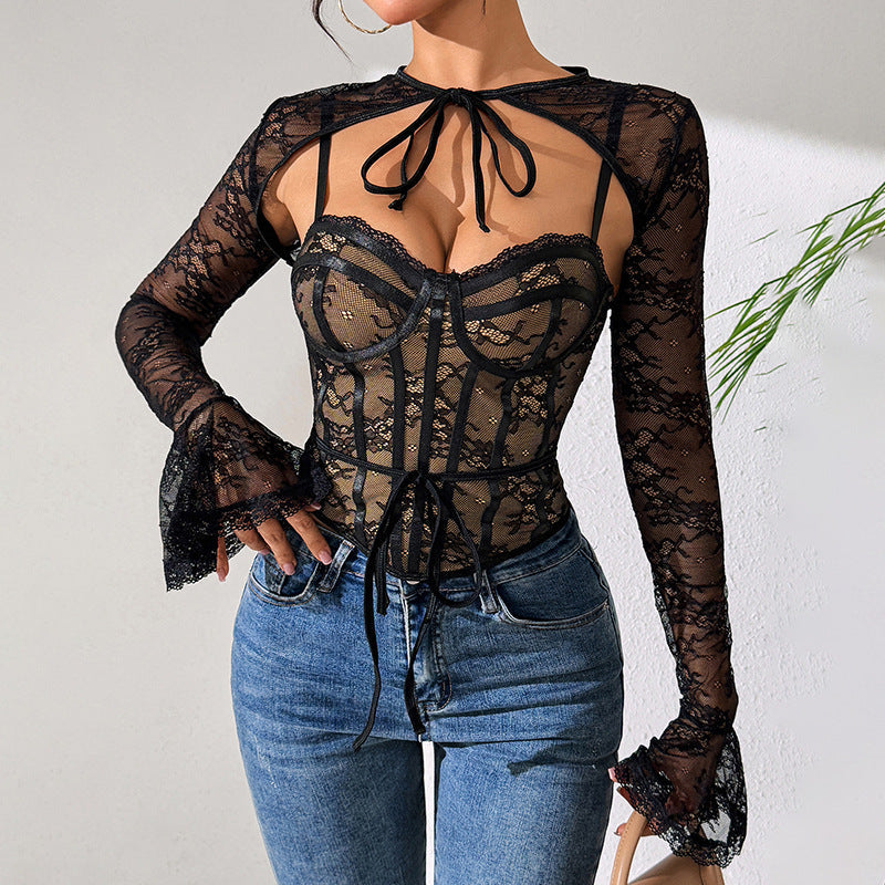 Sheer Lace Backless Long Sleeve Two-Piece Set