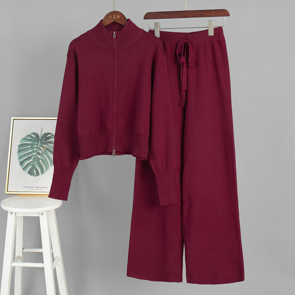 Chic Knitted Zipper Cardigan and Pants Set