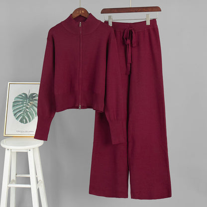 Chic Knitted Zipper Cardigan and Pants Set