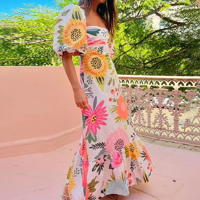 Elegant Floral Print Puff Sleeve Dress