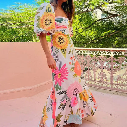 Elegant Floral Print Puff Sleeve Dress