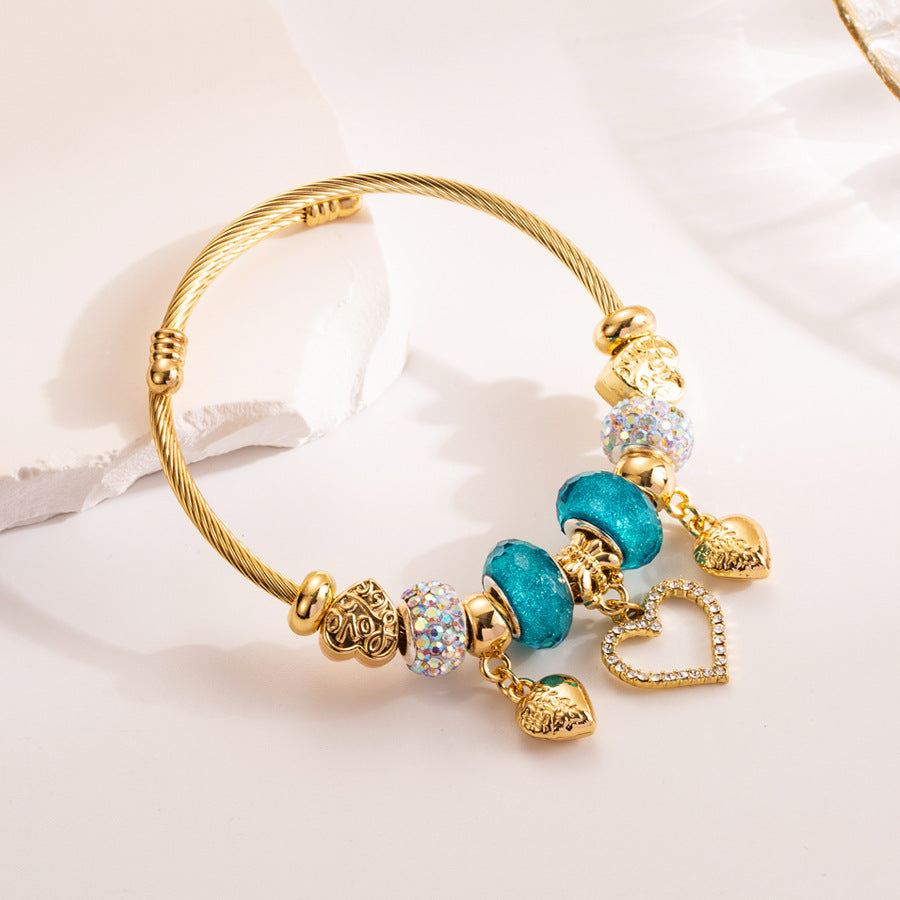 Heart-Shaped Crystal Bracelet Adjustable Handcrafted Stainless Steel Bangle