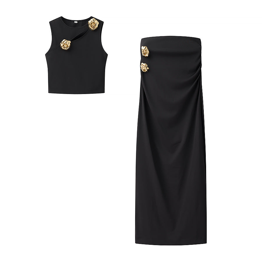Two-Piece Fashion Rose Black Knitted Sets