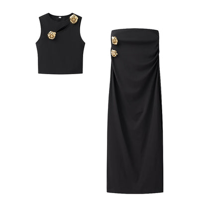 Two-Piece Fashion Rose Black Knitted Sets