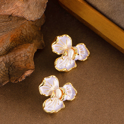 French Elegant Flower Pearl Stud Earrings For Women