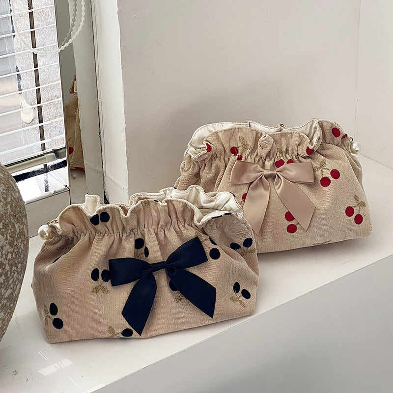 Corduroy Cherry Bow Cosmetic Bag