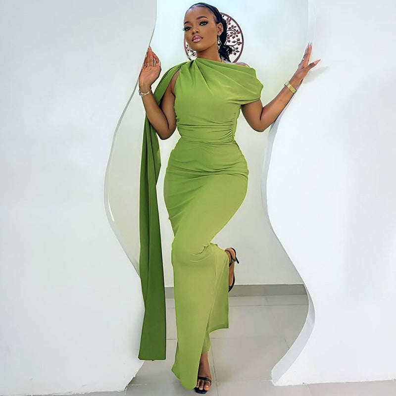 Elegant One-Shoulder Midi Dress Crafted From Milk Silk