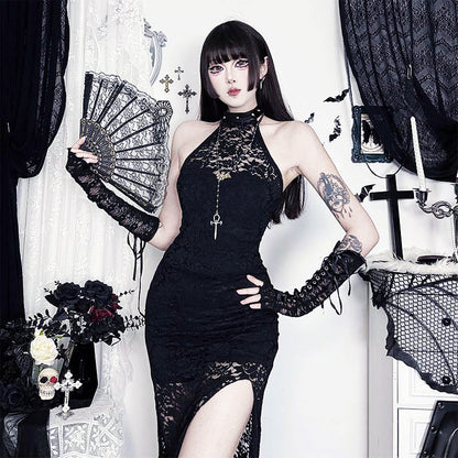 Black Lace Halter Maxi Dress Sexy Streetwear