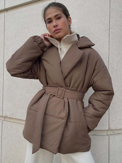 Collared Quilted Coat Slim Fit Belted Outerwear