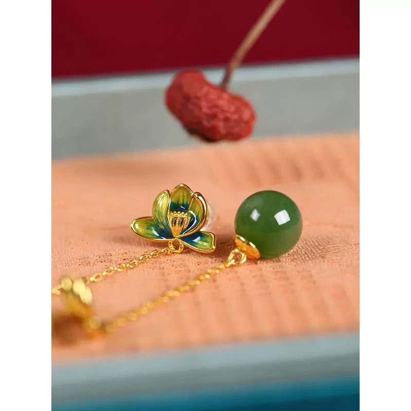 Jasper Lotus Heart Tibetan Style Enamel Color Lotus 925 Silver Jade Earrings Women'S Fringed Earrings