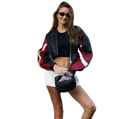 Trendy Color Block Pu Leather Motorcycle Jacket For Women