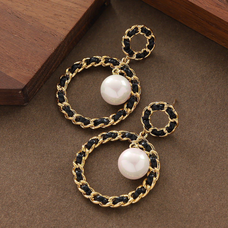 Elegant French Style Woven Leather Pearl Earrings