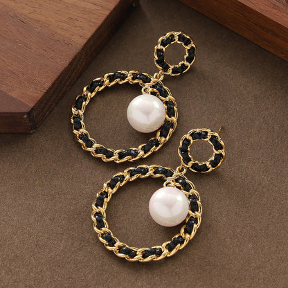 Elegant French Style Woven Leather Pearl Earrings