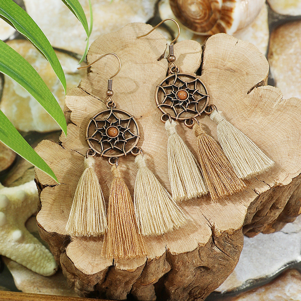 Vintage Ethnic Style Creative Brown Earrings with Turquoise Tassels
