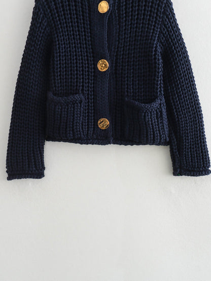 Chunky Knit V-Neck Button Down Crop Cardigan