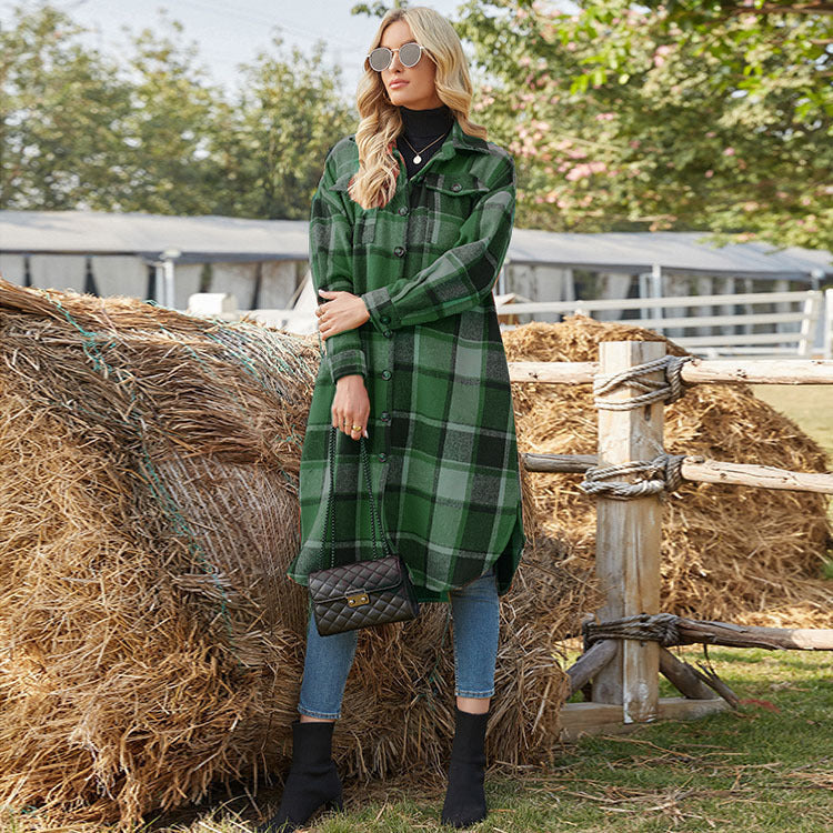Temperament Commuter Windbreaker Side Slit Lapel Loose Women'S Wool Plaid Shirt Jacket