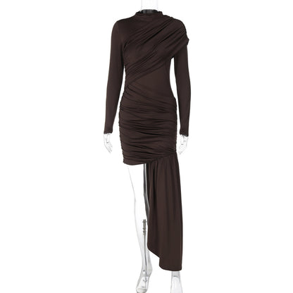 Trendy Slim Fit Round Neck Ruched Bodycon Dress with Long Sleeves