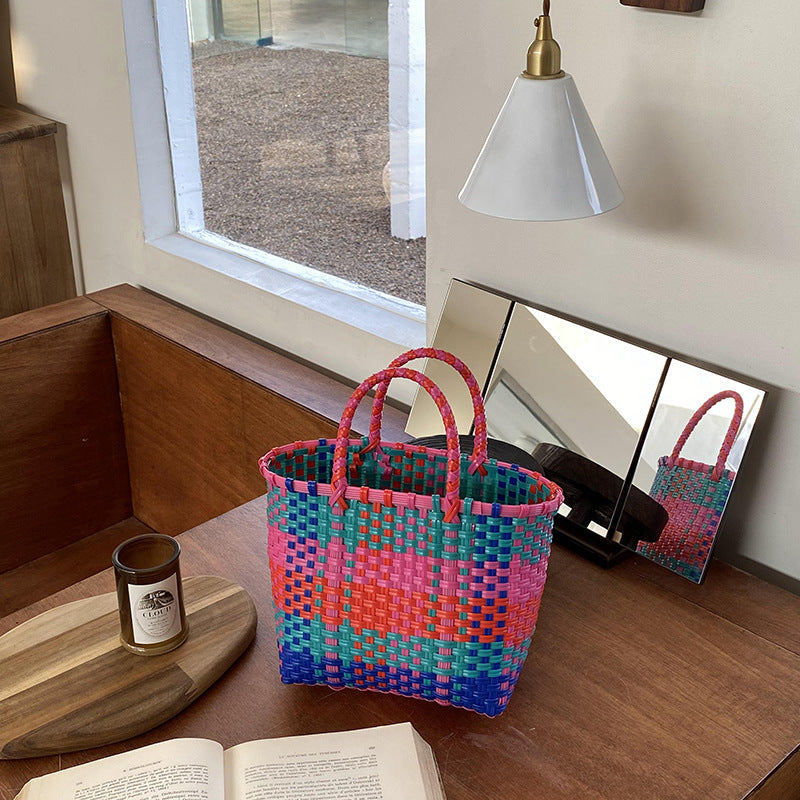 Handwoven Tote Bag Color Block Beach Bag