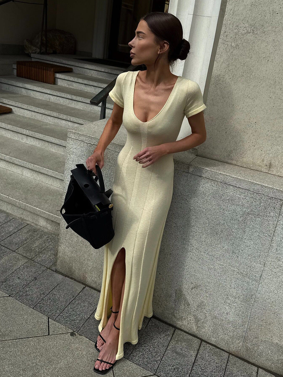 V-Neck Split Hem Bodycon Maxi Dress