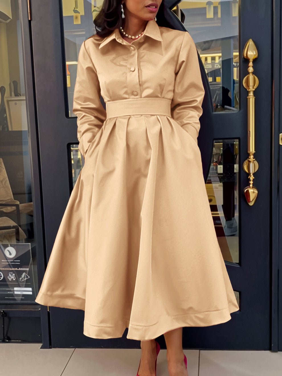 Women鈥檚 Elegant A-Line Dress With Belt