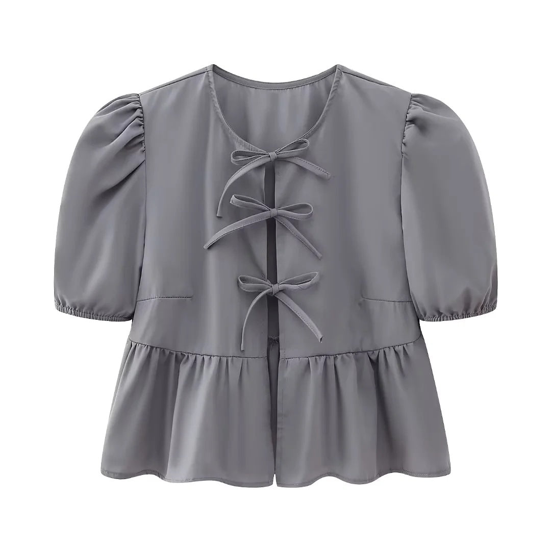 Cute Tie Front Round Neck Pullover Top