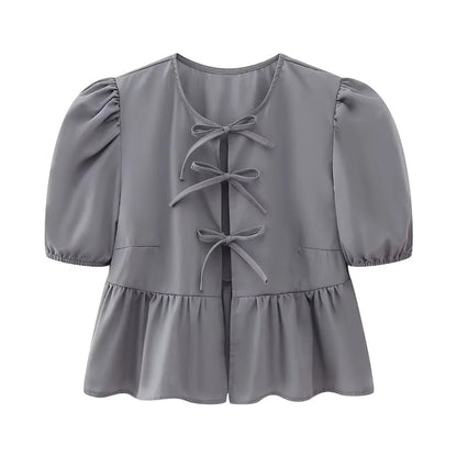 Cute Tie Front Round Neck Pullover Top