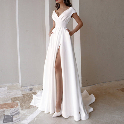 Women'S  New V-Neck Solid Dress Floor Length Skirt Evening Dress