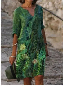 Abstract Print V-Neck A-Line Dress Comfortable Casual Fashion