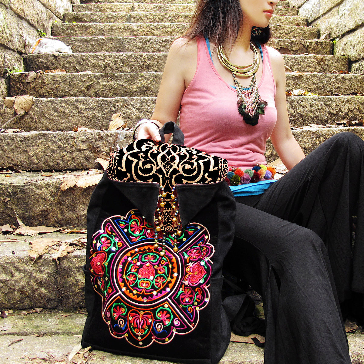 Original Ethnic Style Literature And Art Versatile Retro Tibetan Style Embroidered Backpack Travel Bag Canvas Bag