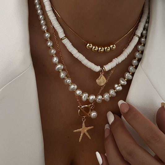 Trendy Pearl Bead Layered Necklace With Shells And Stars